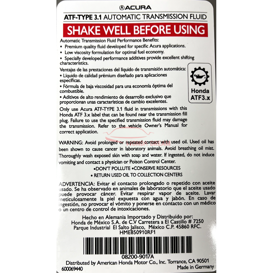 Automatic Transmission Fluid Honda ATF-Type 3.1, 1L (08200-9017A) - 2